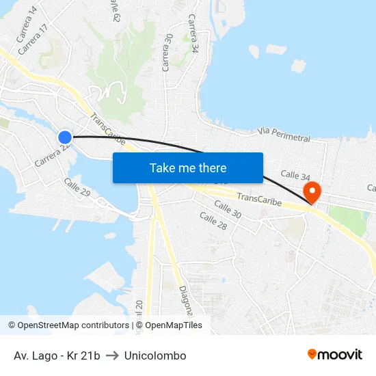 Av. Lago - Kr 21b to Unicolombo map