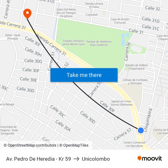 Av. Pedro De Heredia - Kr 59 to Unicolombo map