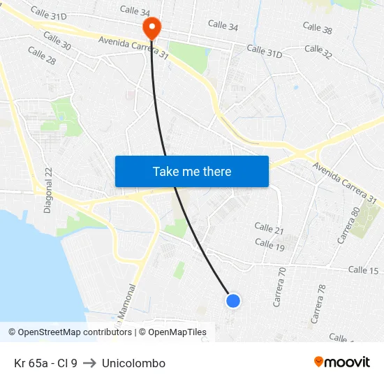 Kr 65a - Cl 9 to Unicolombo map