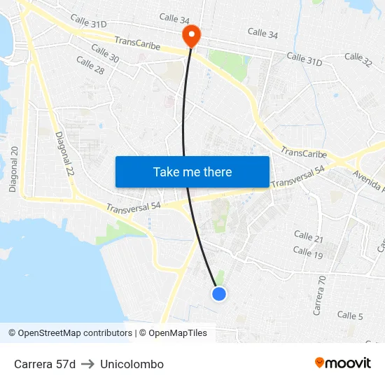 Carrera 57d to Unicolombo map