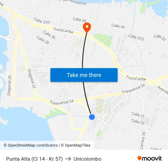 Punta Alta (Cl 14 - Kr 57) to Unicolombo map