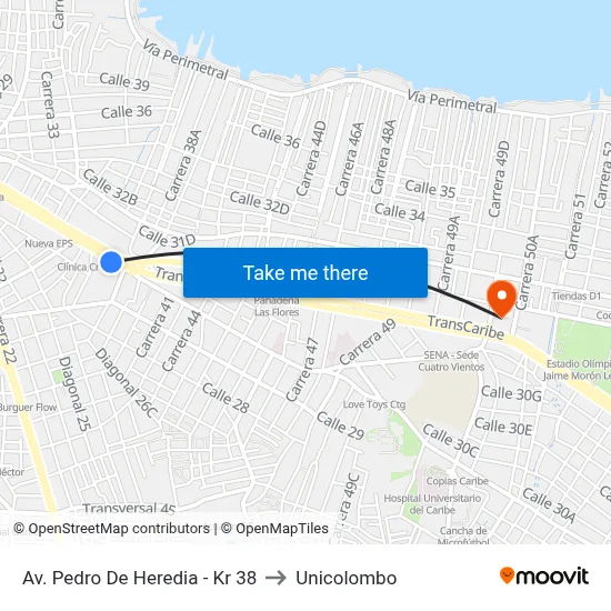 Av. Pedro De Heredia - Kr 38 to Unicolombo map