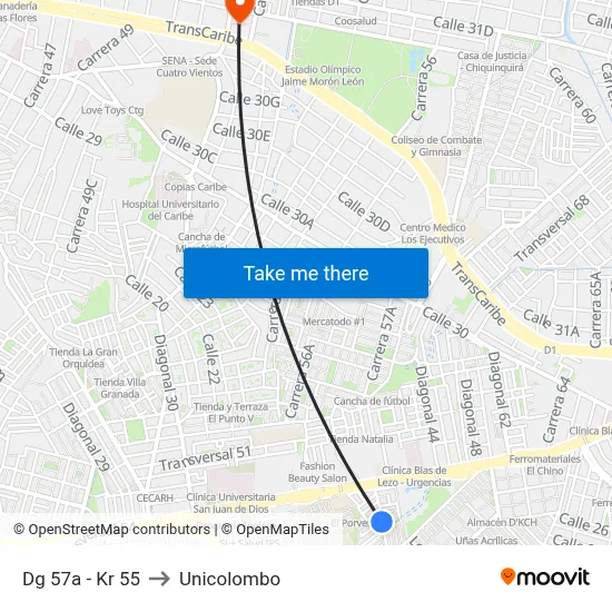 Dg 57a - Kr 55 to Unicolombo map