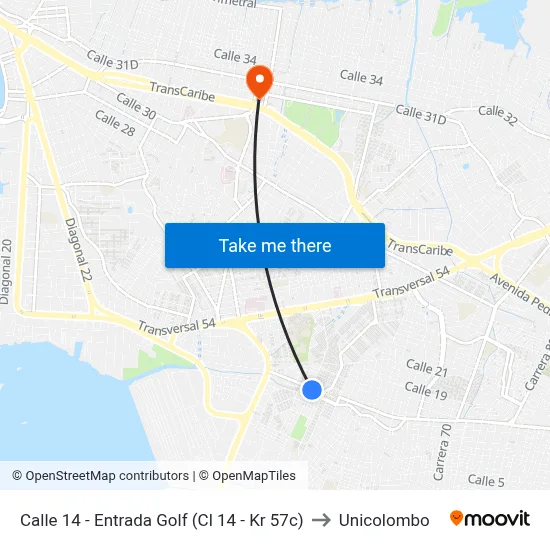 Calle 14 - Entrada Golf (Cl 14 - Kr 57c) to Unicolombo map