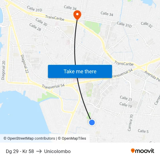 Dg 29 - Kr 58 to Unicolombo map