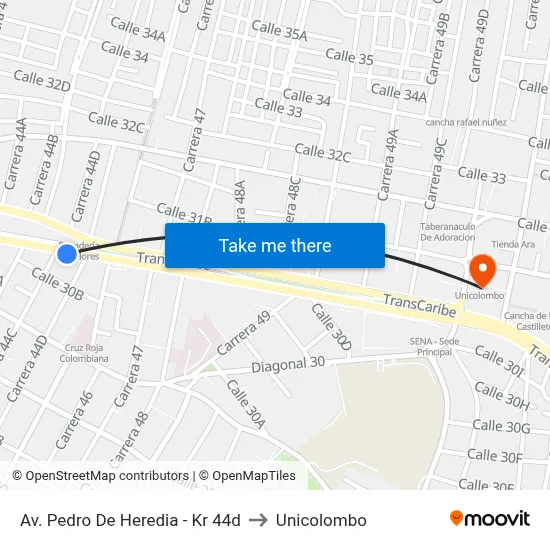 Av. Pedro De Heredia - Kr 44d to Unicolombo map