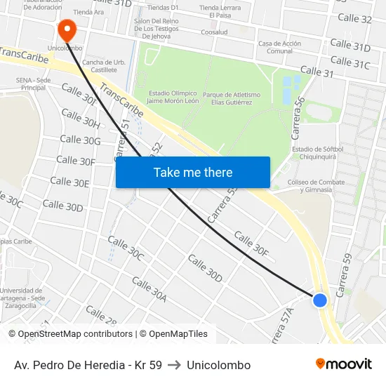 Av. Pedro De Heredia - Kr 59 to Unicolombo map