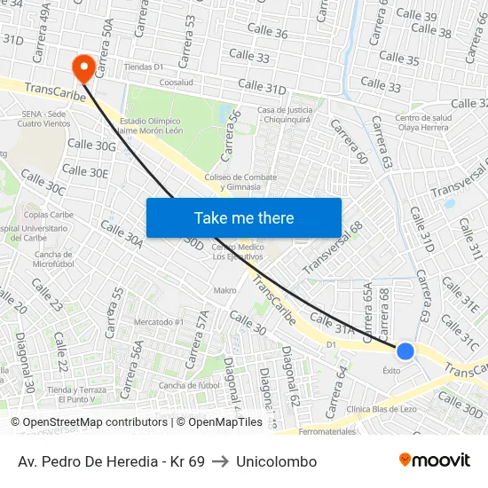 Av. Pedro De Heredia - Kr 69 to Unicolombo map