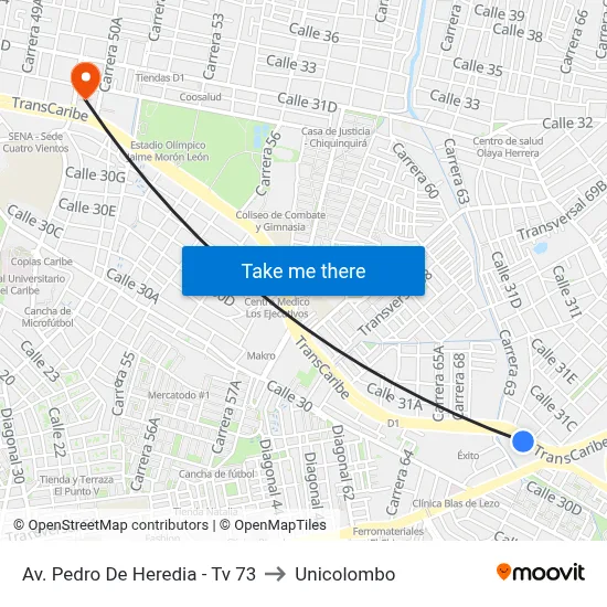 Av. Pedro De Heredia - Tv 73 to Unicolombo map