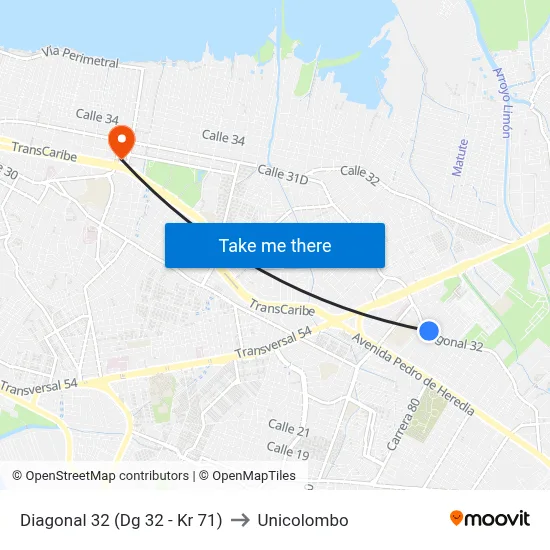 Diagonal 32 (Dg 32 - Kr 71) to Unicolombo map