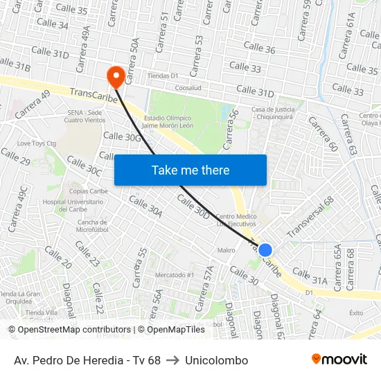 Av. Pedro De Heredia - Tv 68 to Unicolombo map