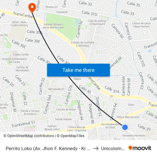 Perrito Loko (Av. Jhon F. Kennedy - Kr 65) to Unicolombo map