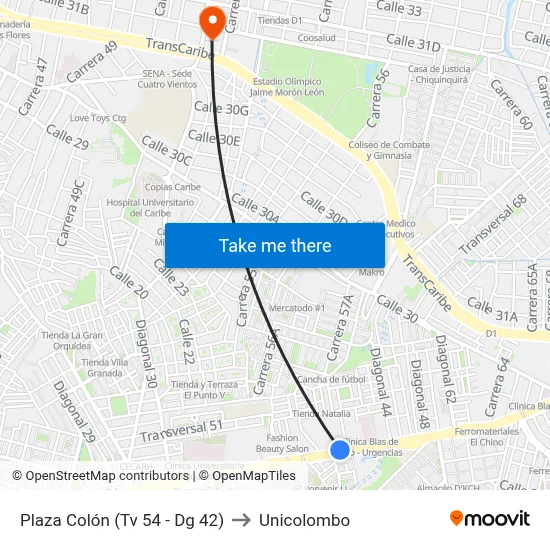 Plaza Colón (Tv 54 - Dg 42) to Unicolombo map