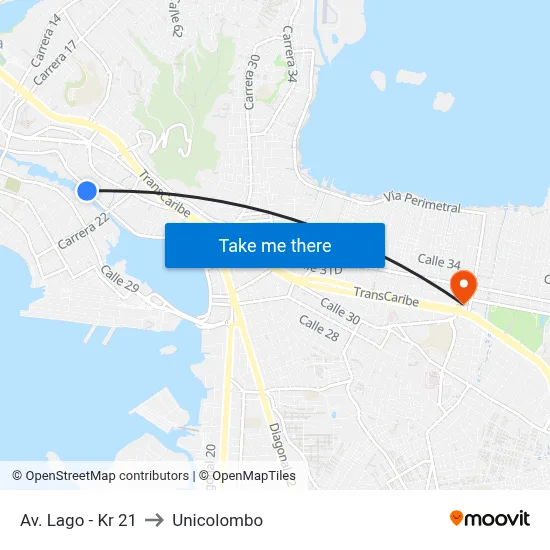 Av. Lago - Kr 21 to Unicolombo map