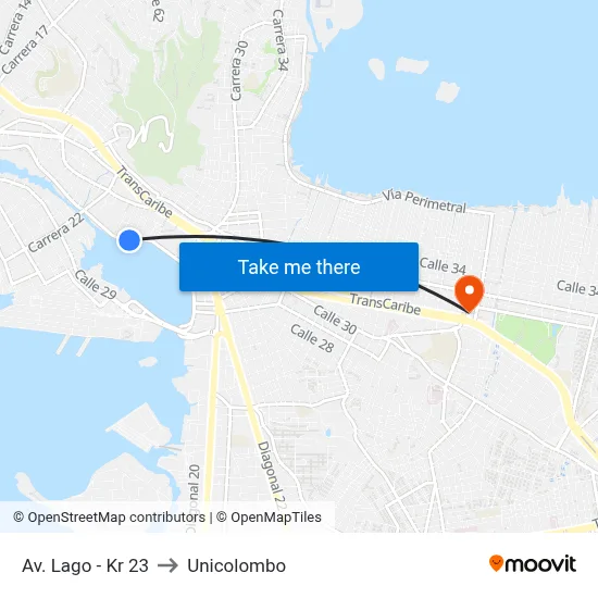 Av. Lago - Kr 23 to Unicolombo map