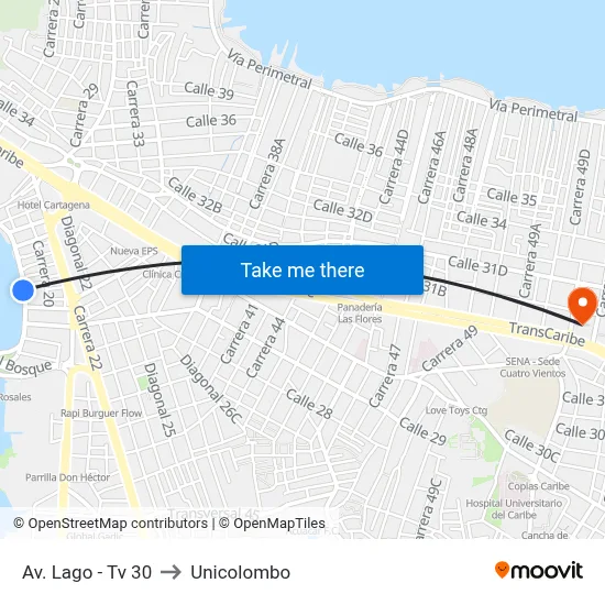 Av. Lago - Tv 30 to Unicolombo map