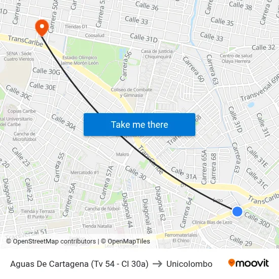 Aguas De Cartagena (Tv 54 - Cl 30a) to Unicolombo map