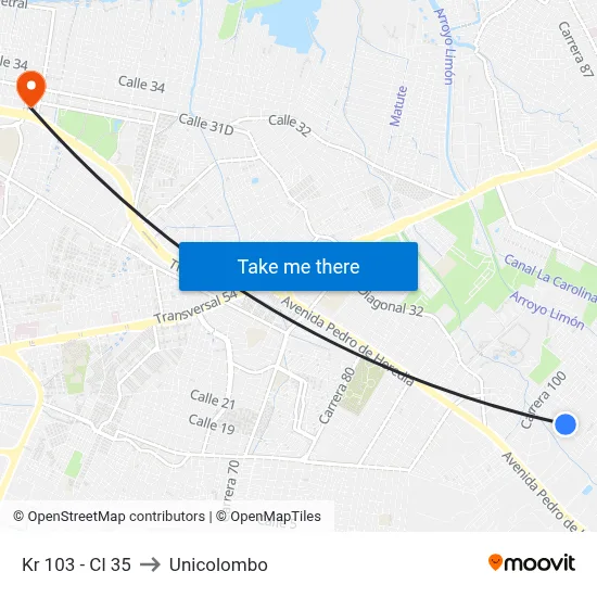 Kr 103 - Cl 35 to Unicolombo map