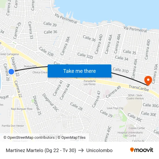 Martínez Martelo (Dg 22 - Tv 30) to Unicolombo map