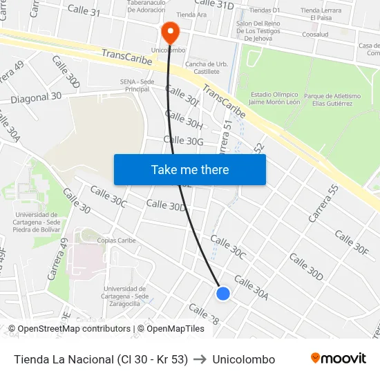 Tienda La Nacional (Cl 30 - Kr 53) to Unicolombo map