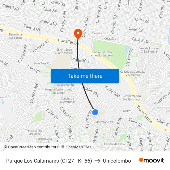 Parque Los Calamares (Cl 27 - Kr 56) to Unicolombo map