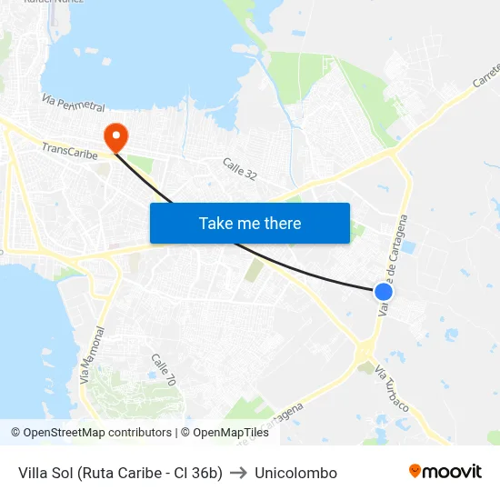 Villa Sol (Ruta Caribe - Cl 36b) to Unicolombo map