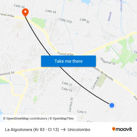 La Algodonera (Kr 83 - Cl 13) to Unicolombo map