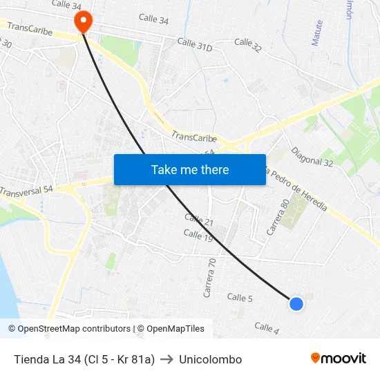 Tienda La 34 (Cl 5 - Kr 81a) to Unicolombo map