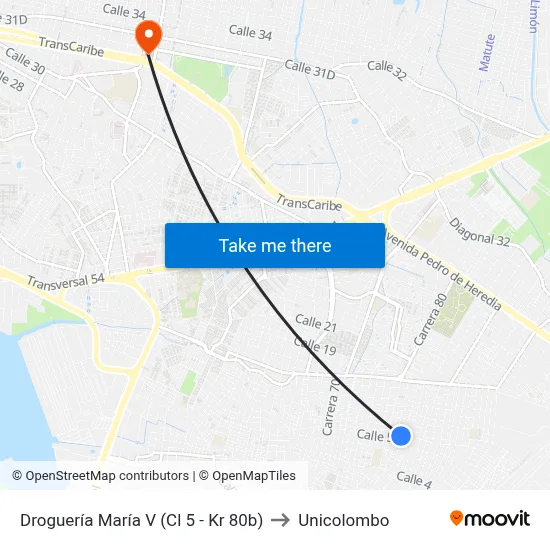 Droguería María V (Cl 5 - Kr 80b) to Unicolombo map