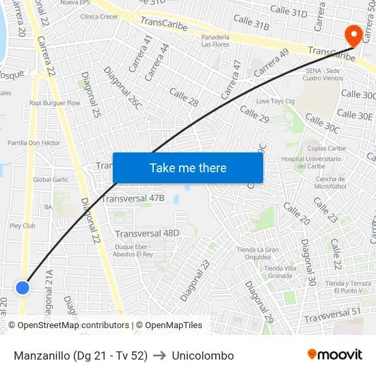 Manzanillo (Dg 21 - Tv 52) to Unicolombo map