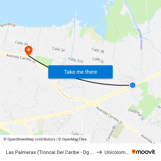Las Palmeras (Troncal Del Caribe - Dg 36h) to Unicolombo map