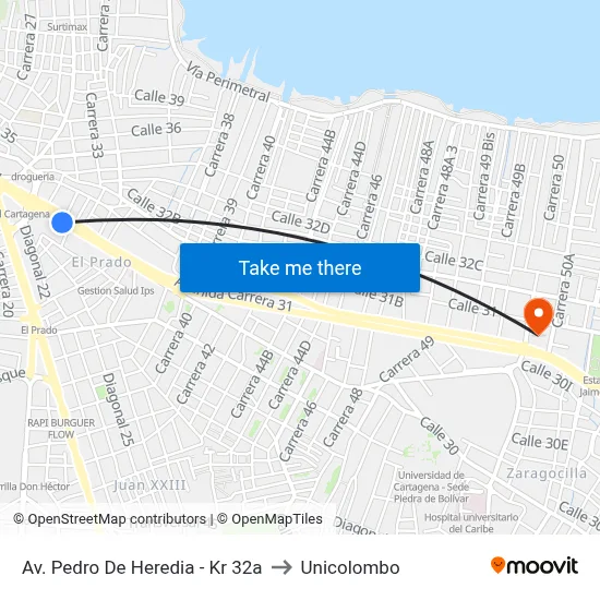 Av. Pedro De Heredia - Kr 32a to Unicolombo map