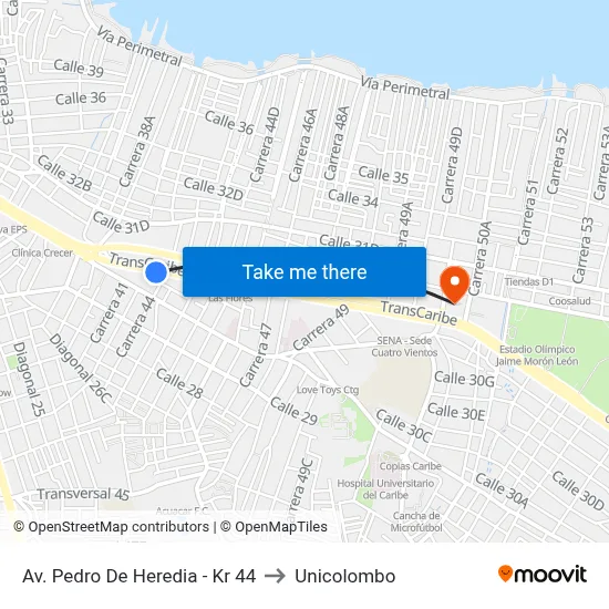 Av. Pedro De Heredia - Kr 44 to Unicolombo map