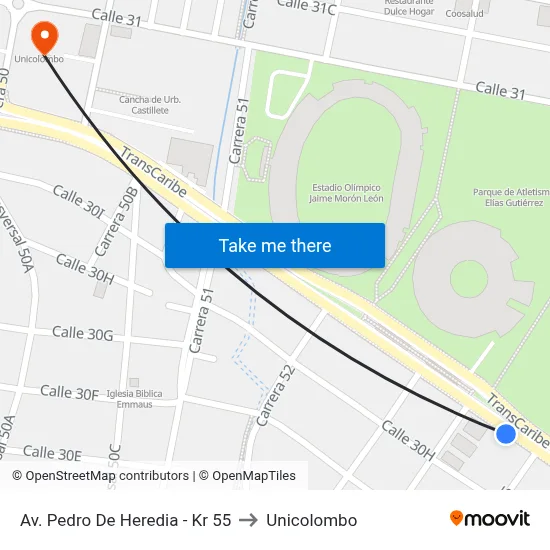 Av. Pedro De Heredia - Kr 55 to Unicolombo map