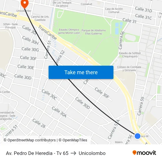 Av. Pedro De Heredia - Tv 65 to Unicolombo map