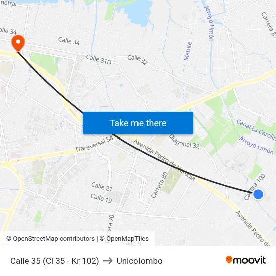 Calle 35 (Cl 35 - Kr 102) to Unicolombo map