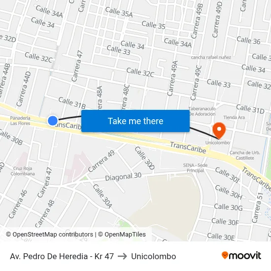 Av. Pedro De Heredia - Kr 47 to Unicolombo map