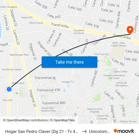 Hogar San Pedro Claver (Dg 21 - Tv 47a) to Unicolombo map