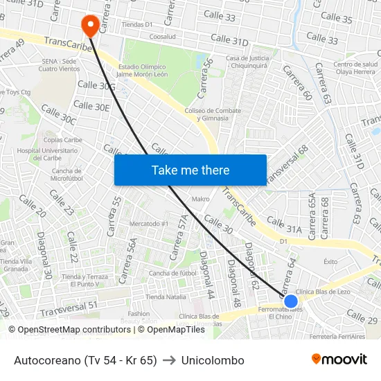 Autocoreano (Tv 54 - Kr 65) to Unicolombo map
