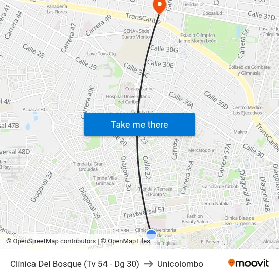 Clínica Del Bosque (Tv 54 - Dg 30) to Unicolombo map