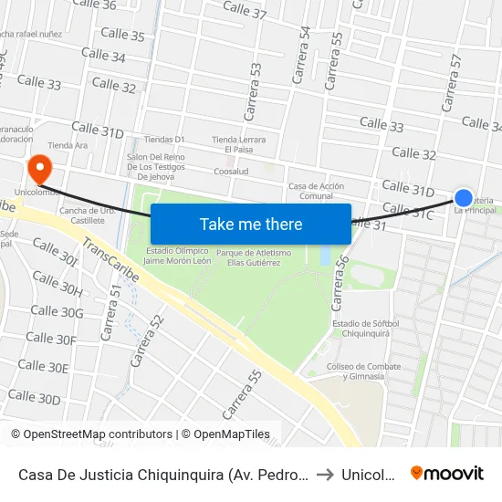 Casa De Justicia Chiquinquira (Av. Pedro Romero - Kr 58) to Unicolombo map
