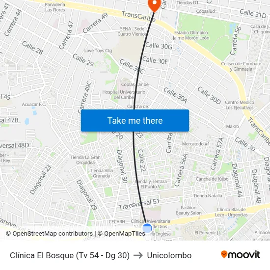 Clínica El Bosque (Tv 54 - Dg 30) to Unicolombo map
