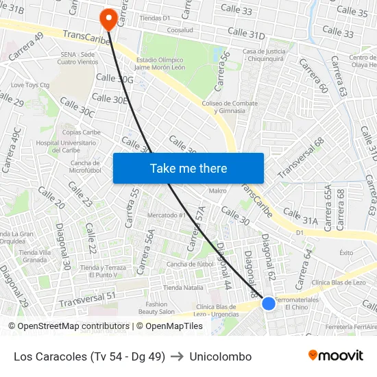 Los Caracoles (Tv 54 - Dg 49) to Unicolombo map