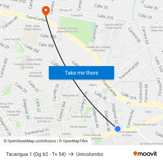 Tacarigua 1 (Dg 62 - Tv 54) to Unicolombo map