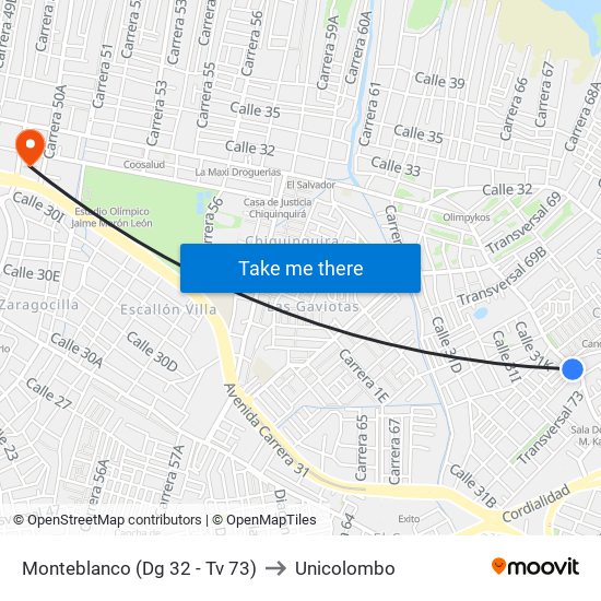 Monteblanco (Dg 32 - Tv 73) to Unicolombo map