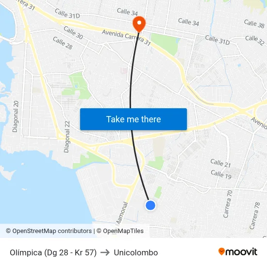 Olímpica (Dg 28 - Kr 57) to Unicolombo map