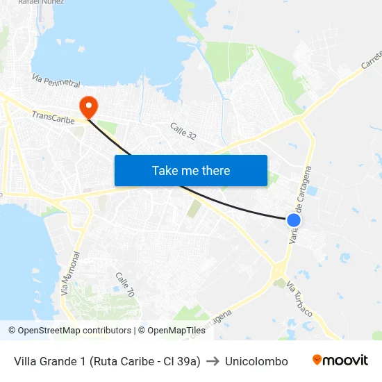 Villa Grande 1 (Ruta Caribe - Cl 39a) to Unicolombo map