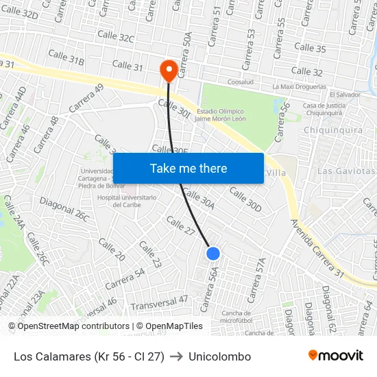 Los Calamares (Kr 56 - Cl 27) to Unicolombo map