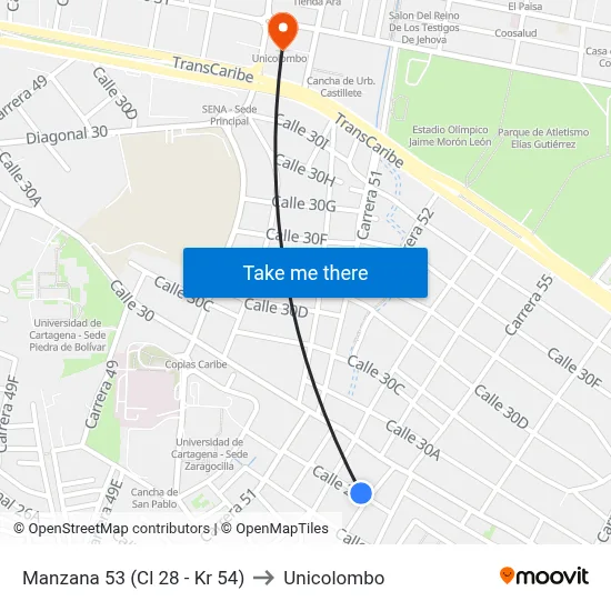 Manzana 53 (Cl 28 - Kr 54) to Unicolombo map