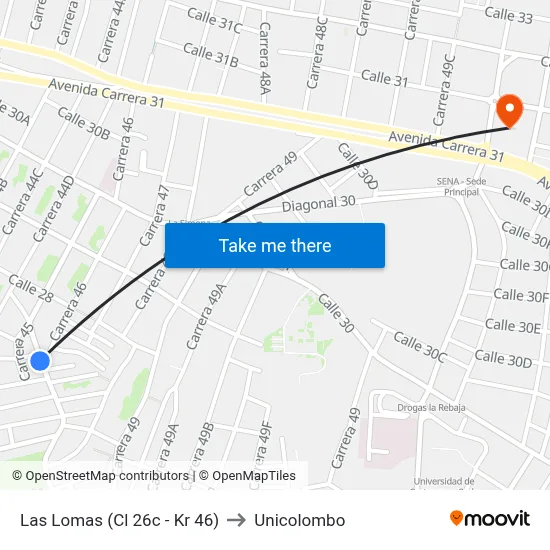 Las Lomas (Cl 26c - Kr 46) to Unicolombo map